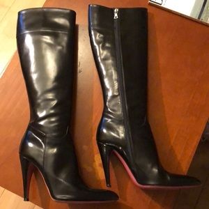 Prada knee-hi black leather 3.5”  curved heel boot
